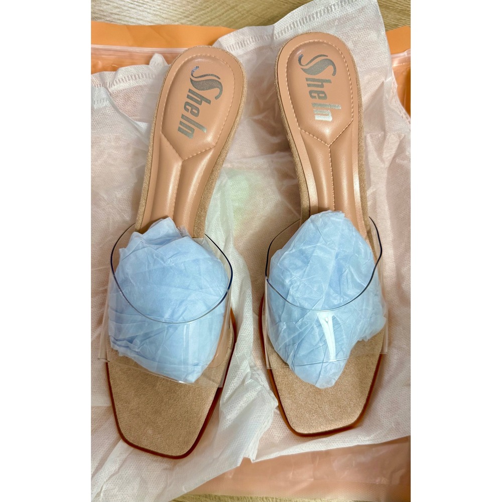 Shein Women Clear Strap Square Toe Kitten Heel Slide Sandals Tan Size 39 US 8